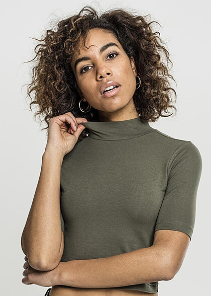 Urban Classics Damen Crop T-Shirt mit Rollkragen olive grn