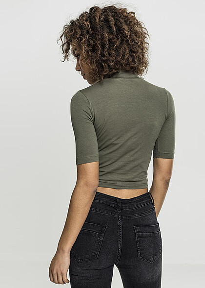 Urban Classics Damen Crop T-Shirt mit Rollkragen olive grün