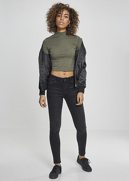 Urban Classics Damen Crop T-Shirt mit Rollkragen olive grün