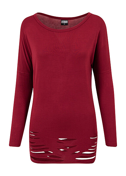 Urban Classics Dames Longsleeve met Cut-Outs en Ronde Hals bordeauxrood