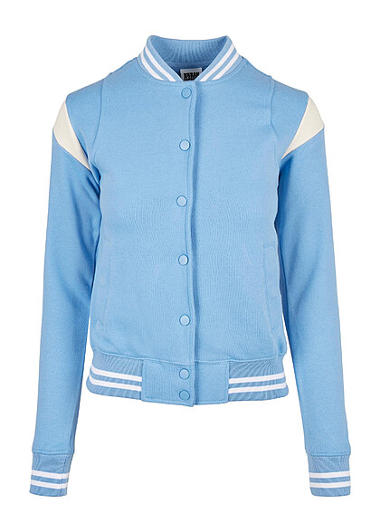 Urban Classics Damen College Sweat Jacke Druckknopfleiste Kontraststreifen blau weiss