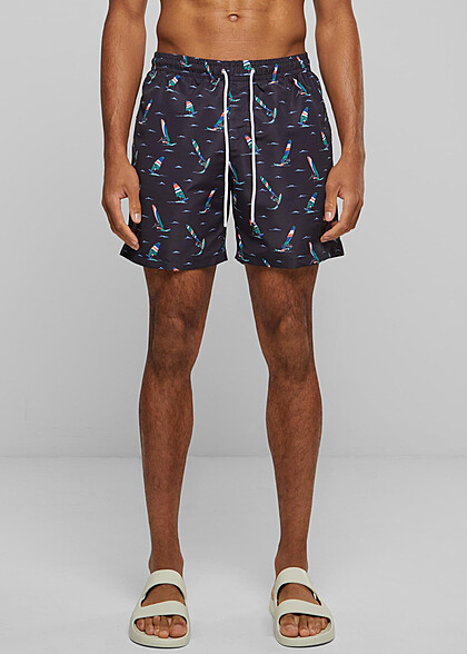 Urban Classics Herren Badehose mit Surf All-Over-Print und Tunnelzug navy blau