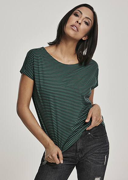 Urban Classics Damen T-Shirt mit Rundhals u. Streifenmuster grün schwarz