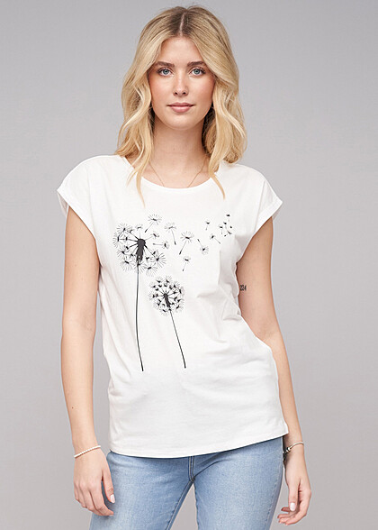 Cloud5ive Dames T-shirt met omgeslagen mouwen en paardenbloem print wit