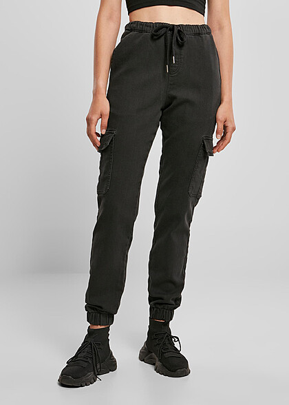 Urban Classics Dames Denim High Waist Cargo Joggingbroek zwart
