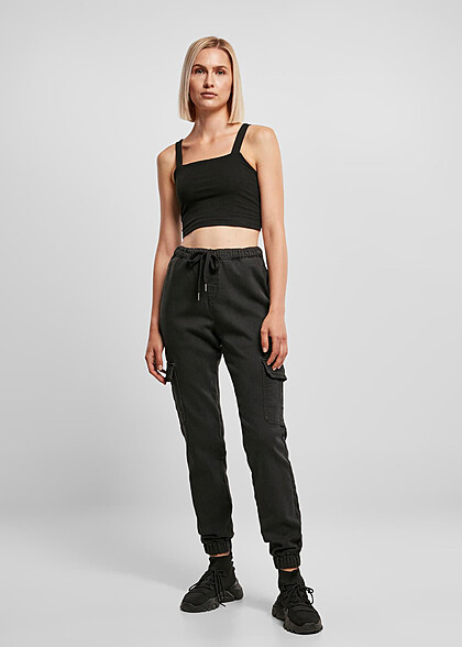 Urban Classics Dames Denim High Waist Cargo Joggingbroek zwart