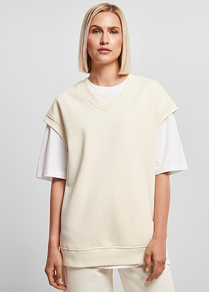Urban Classics Damen Pullunder Oversized Sweat-Shirt mit V-Neck whitesand beige
