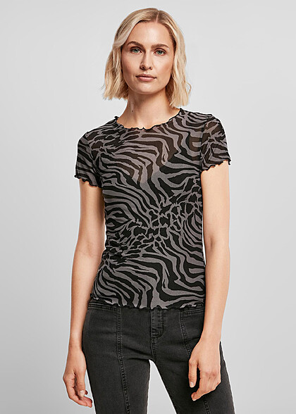 Urban Classics Damen Mesh T-Shirt transparent Zebra Muster asphalt grau schwarz