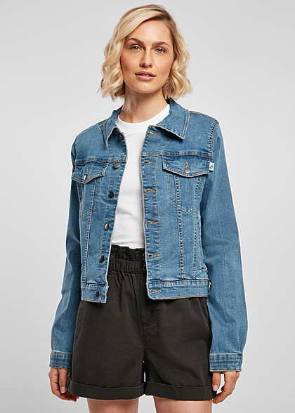Urban Classics Damen Organic Jeansjacke mit Brusttaschen und Knopfleiste blau
