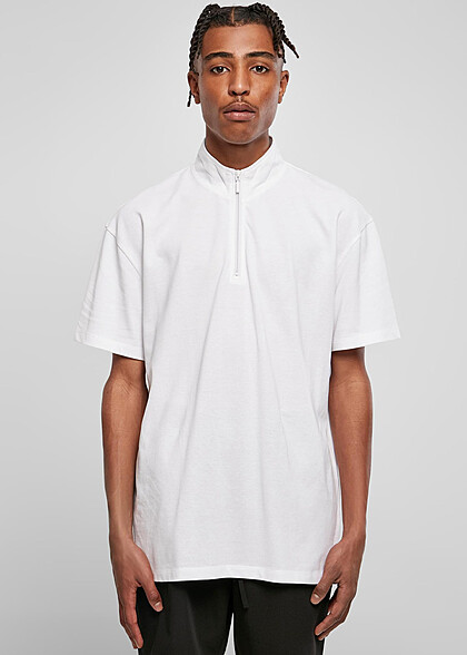 Urban Classics Herren Boxy Pique T-Shirt mit Zipper und Stehkragen weiss