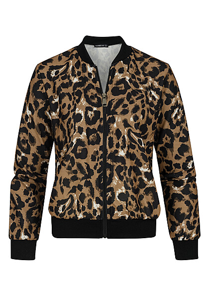Cloud5ive Damen Blouson Bomberjacke mit All-Over Leo Print schwarz braun