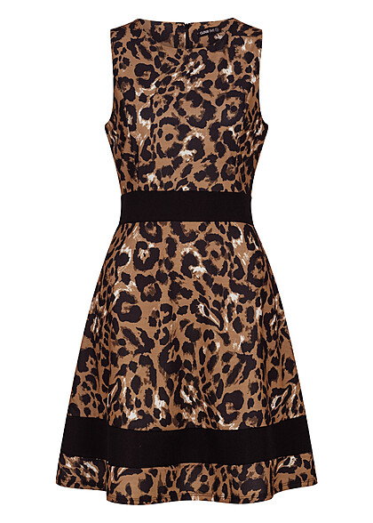 Cloud5ive Damen Kleid mit Zipper und All-Over Leo Print braun