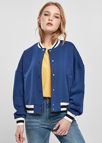 Urban Classics Damen Oversized College Jacke mit Knopfleiste und 2-Pockets blau weiss