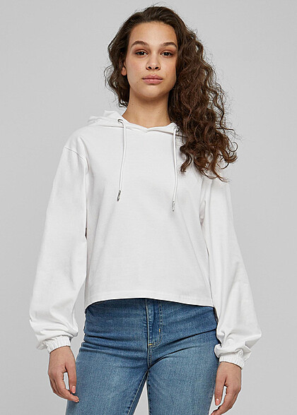 Urban Classics Damen Cropped Hoodie mit Tunnelzug weiss