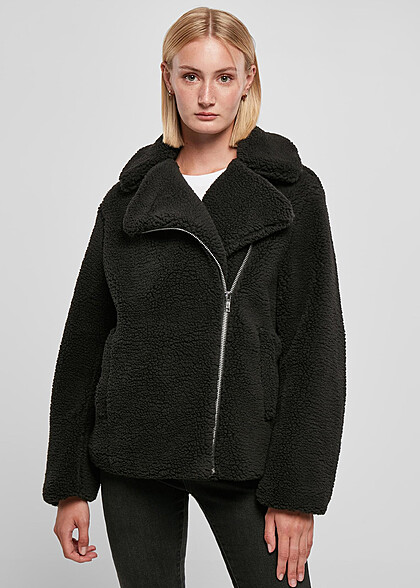 Urban Classics Damen Sherpa Biker Jacke mit Zipper schwarz