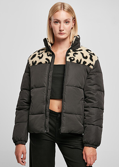 Urban Classics Damen Sherpa Steppjacke mit Leo Print und Stehkragen schwarz