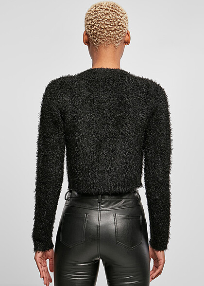 Urban Classics Damen Cropped Feather Cardigan Strickjacke mit Knopfleiste schwarz