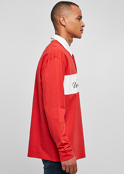 Urban Classics Herren Rugby Longsleeve mit Knopfleiste und Logo Print rot weiss