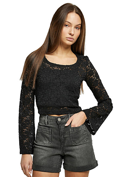 Urban Classics Damen Cropped Spitzen Longsleeve schwarz
