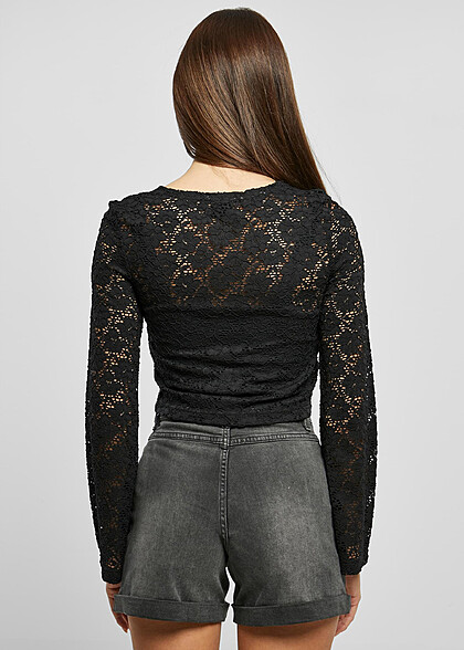 Urban Classics Damen Cropped Spitzen Longsleeve schwarz