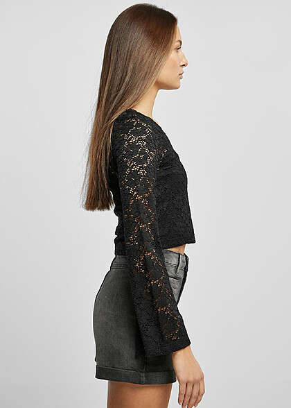 Urban Classics Damen Cropped Spitzen Longsleeve schwarz