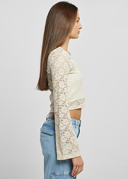 Urban Classics Damen Cropped Spitzen Longsleeve soft sea grass beige