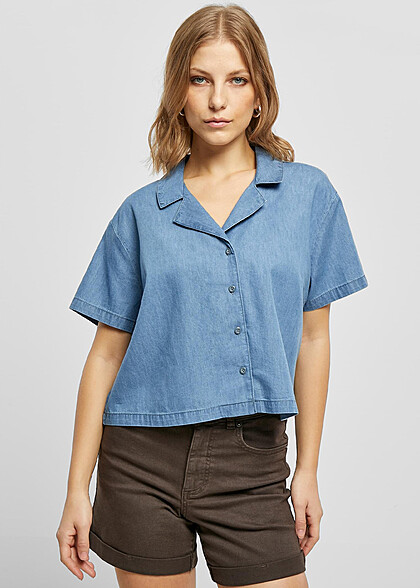 Urban Classics Damen Leichte Jeans-Bluse mit Knopfleiste sky hell blau