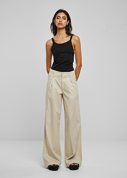Urban Classics Damen Loose Fit Leinen-Hose mit 4-Pockets soft seagrass beige