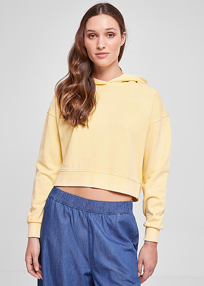 Urban Classics Damen Basic Hoodie mit Blumen Stickerei vintage sun hell gelb