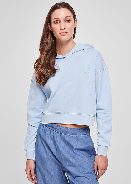Urban Classics Damen Basic Hoodie mit Blumen Stickerei baltic hell blau