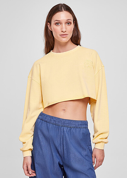 Urban Classics Damen Cropped Sweater mit Blumen Stickerei vintage sun hell gelb