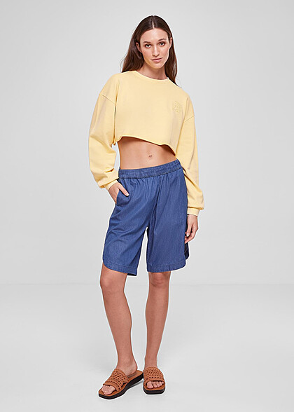 Urban Classics Damen Cropped Sweater mit Blumen Stickerei vintage sun hell gelb