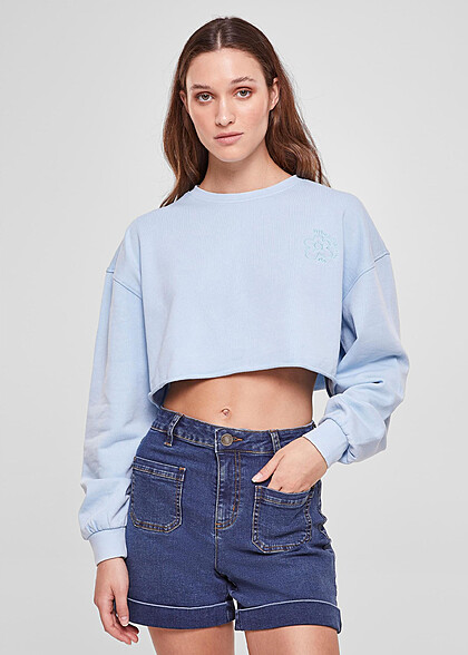 Urban Classics Damen Cropped Sweater mit Blumen Stickerei baltic hell blau