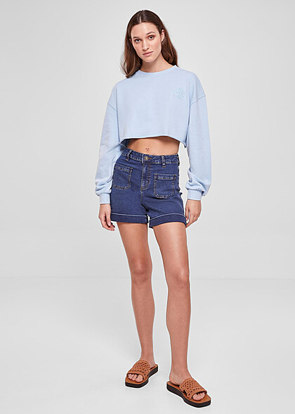 Urban Classics Damen Cropped Sweater mit Blumen Stickerei baltic hell blau
