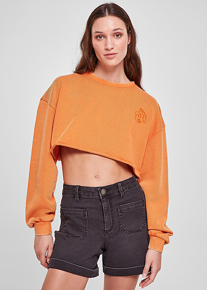Urban Classics Damen Cropped Sweater mit Blumen Stickerei vintage orange