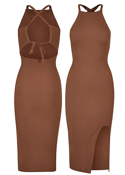 Urban Classics Damen Rib Strickkleid mit Crossed Back terracotta rot braun