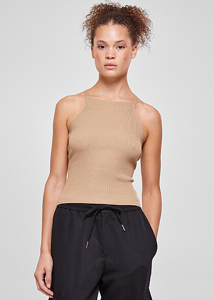 Urban Classics Damen Rib Stricktop mit Crossed Back union beige