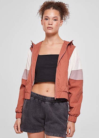 Urban Classics Damen Cropped Colorblock Crinkle Jacke mit Kapuze rot weiss rosa