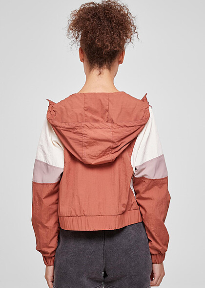 Urban Classics Damen Cropped Colorblock Crinkle Jacke mit Kapuze rot weiss rosa