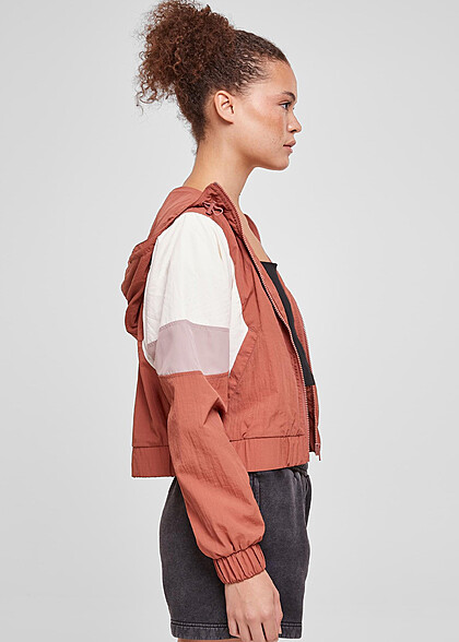 Urban Classics Damen Cropped Colorblock Crinkle Jacke mit Kapuze rot weiss rosa