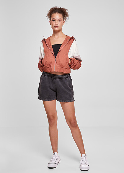 Urban Classics Damen Cropped Colorblock Crinkle Jacke mit Kapuze rot weiss rosa