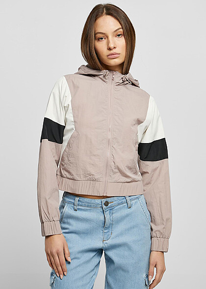 Urban Classics Damen Cropped Colorblock Crinkle Jacke mit Kapuze rose weiss schwarz
