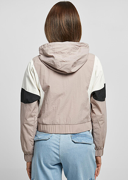 Urban Classics Damen Cropped Colorblock Crinkle Jacke mit Kapuze rose weiss schwarz