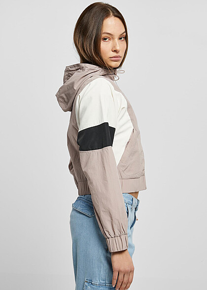 Urban Classics Damen Cropped Colorblock Crinkle Jacke mit Kapuze rose weiss schwarz