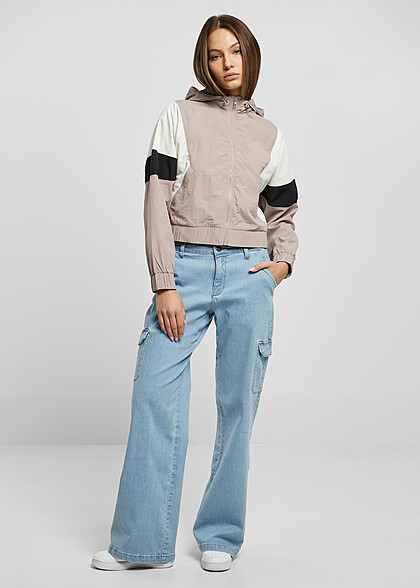Urban Classics Damen Cropped Colorblock Crinkle Jacke mit Kapuze rose weiss schwarz