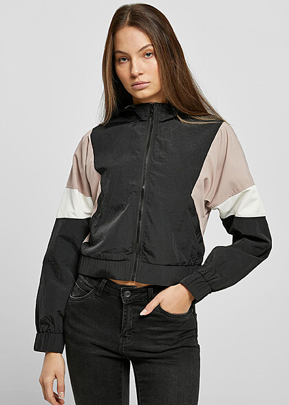Urban Classics Damen Cropped Colorblock Crinkle Jacke mit Kapuze schwarz rosa beige