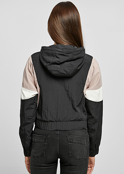 Urban Classics Damen Cropped Colorblock Crinkle Jacke mit Kapuze schwarz rosa beige