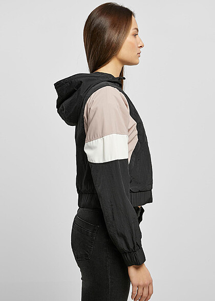 Urban Classics Damen Cropped Colorblock Crinkle Jacke mit Kapuze schwarz rosa beige