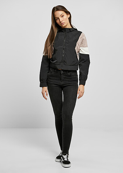 Urban Classics Damen Cropped Colorblock Crinkle Jacke mit Kapuze schwarz rosa beige
