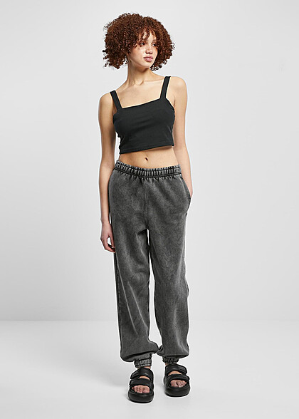 Urban Classics Damen High Waist Stone Washed Jogginghose mit 2-Pockets schwarz